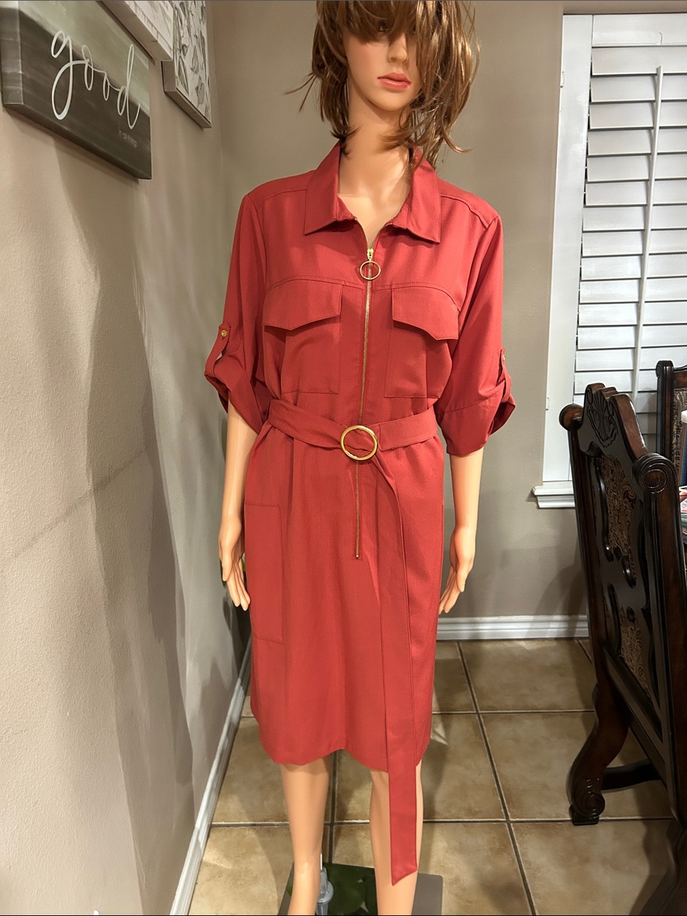 Sharagano Rust Zip-Front Midi Shirt Dress with Belt
